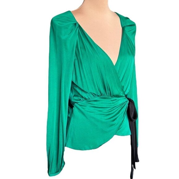 Diane von Furstenberg  Wrap Top Sz.M Green Sash Black Belt Bow Long Sleeve - Picture 3 of 16